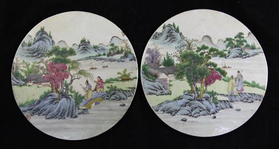 A pair of Chinese famille rose plaques, late 19th/early 20th century, 27.5cm, rim chip to one